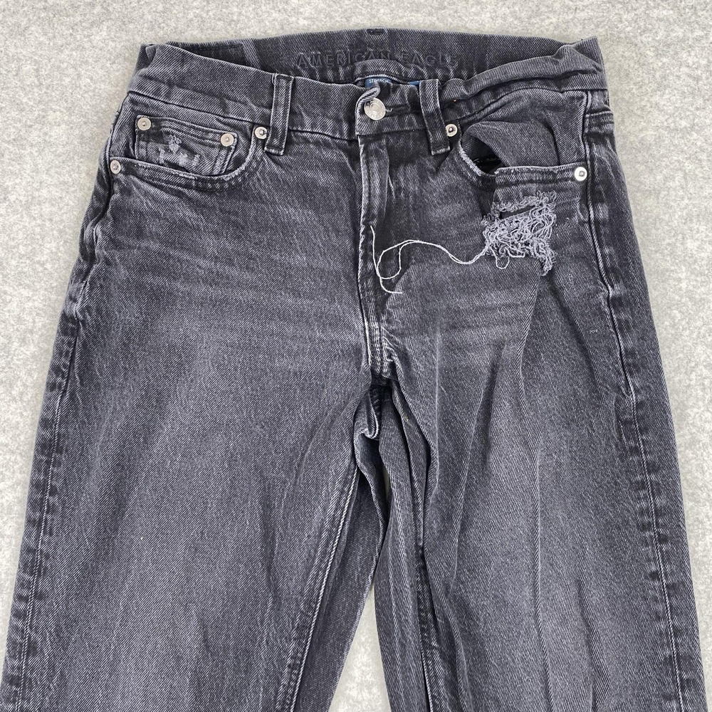 American Eagle Womens 2 Curvy Straight Jeans Gray High Rise Distressed 26x29